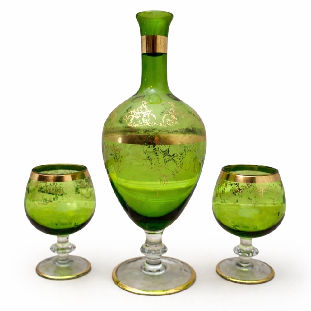 Vintage Emerald Green Decanter & Glasses Set Gold  Trim Mid Century Barwar